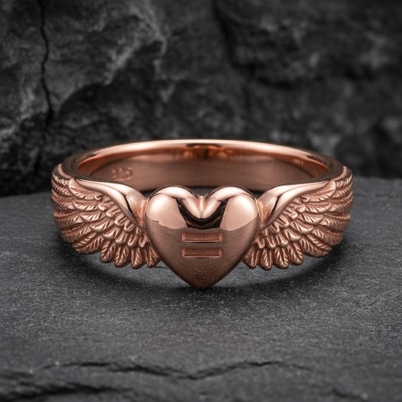 Equality Angel Wings Heart Ring in 925 Sterling Silver, Oxidized Gothic Band, Handcrafted Gift Rose Plated Silver
