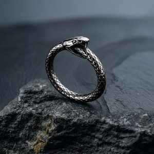 Può includere: Un anello in metallo color argento a forma di serpente avvolto con la bocca aperta. La fascia presenta un motivo a scaglie dettagliato e testurizzato che avvolge il dito, con la testa del serpente che forma il punto focale del design.