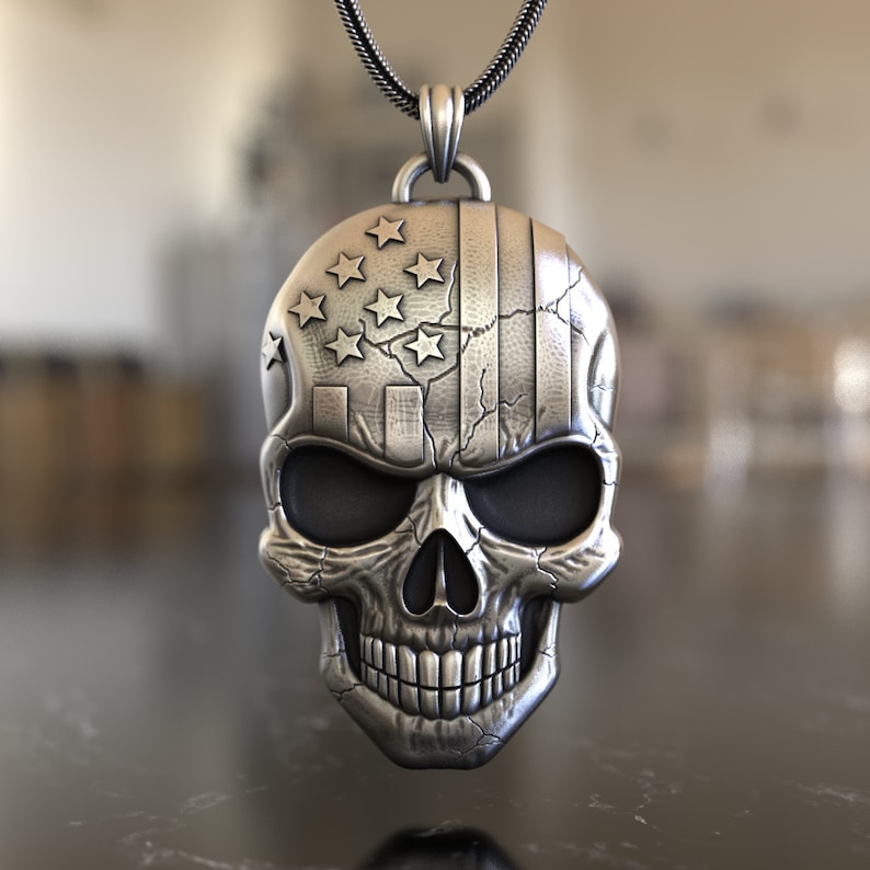 Skull with American Flag (Left Side) Pendant, 925 Sterling Silver Necklace, Patriotic Spirit, Handcrafted Art, Unique Design, Freedom Symbol image 1