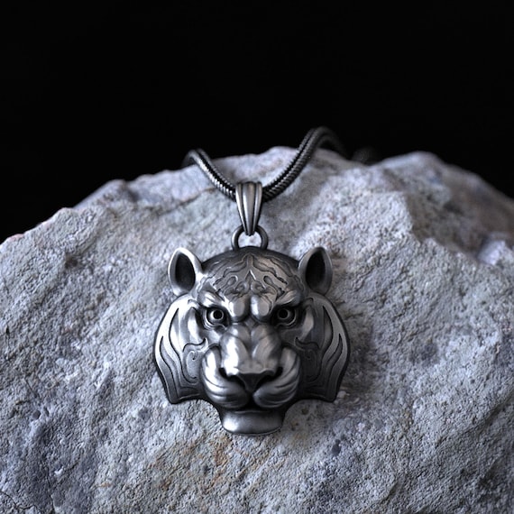 Tiger Head Pendant, 925 Sterling Silver Necklace, Fierce Animal