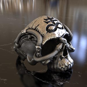 925 Sterling Silver Leviathan Biomechanical Skull Ring, Ancient Alchemy Symbol, Giger Inspired, Brutal Design, Necromancer&#39;s Statement Jewel