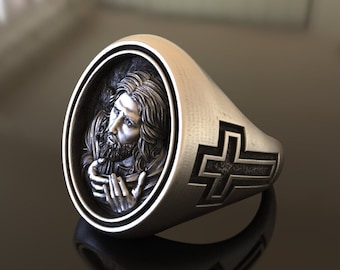 Jesus Signed Silver Ring, 925 Sterling, Unisex Christian Jewelry Religious Faith Accessory Spiritual Gift, Jesus Christ Religious Cross Ring