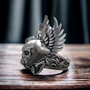 Skull Engine Moto Fire Ring 925 Sterling Silver Harley Inspired Auto Wings Design Ride in Style Statement Biker Jewelry Limited Edition image 3