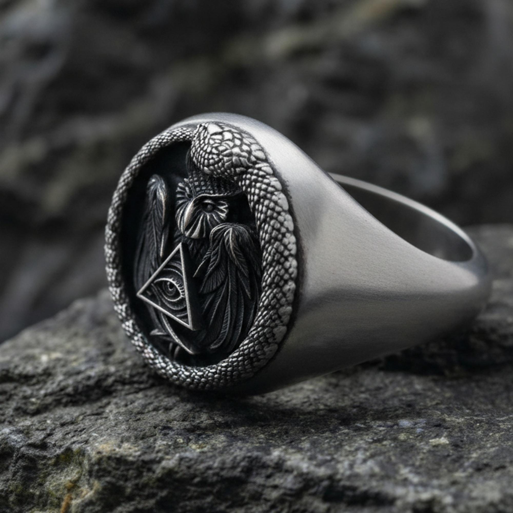 Eye of Providence Owl Ring 925 Sterling Silver Oxidized Finish Masonic Ouroboros Snake Gothic Occult