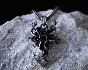 Nautical Octopus Tentacles and Anchor 925 Sterling Silver Pendant Necklace Unique Marine Themed Jewelry Sea Life Kraken Charm Necklace Gift