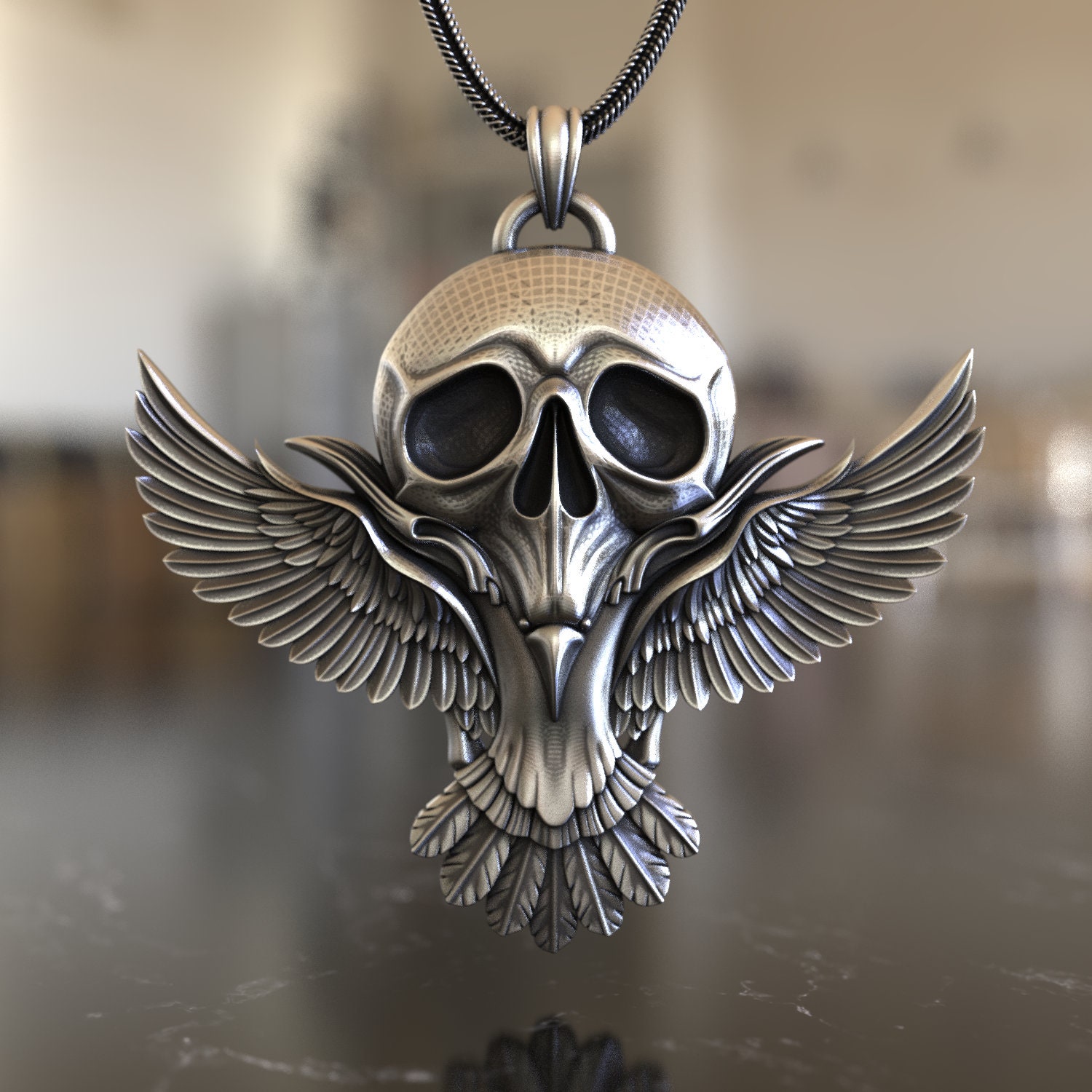 【STING925】 Raven Skull Pendant Raven Skull & Head 925 Sterling Silver Necklace - Unique