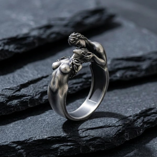 Zwei Liebende küssend Ring - 925 Sterling Silber - Romantisches Design - Handgemachtes Handwerkskunst Symbol der Liebe Einzigartiger Schmuck