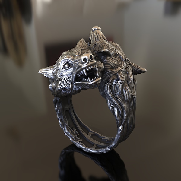 925 Sterling Silver Double Wolf Head Ring - Handcrafted, Unisex, Symbol of Strength & Loyalty, Perfect Gift for Wildlife Nature Enthusiasts