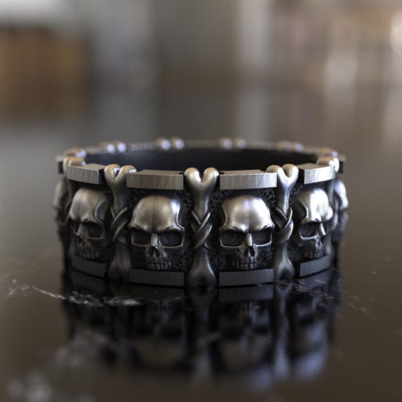 925 Sterling Silver Skull Ring, Many Skulls and Bones Ring, Gothic