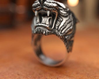 Asian Tiger Ring, 925 Sterling Silver, Handmade Unisex Band, Power