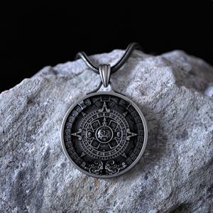 Ancient Mayan Calendar 925 Sterling Silver Pendant Necklace, Intricate Aztec Sun Stone Design, Unique Ethnic Tribal Gift