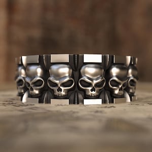 Engraved Skull Silver Gothic Band Ring For Men, Vintage Goth Wedding Ring Men, Cool Unique Promise Ring For Him, Engagement Ring Gift to Dad