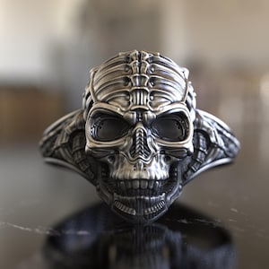 925 Sterling Silver Ring, Biomechanical Skull Design, Fusion of Organic & Machine, Handcrafted Edgy Jewelry, Unique Statement Modern Rebels