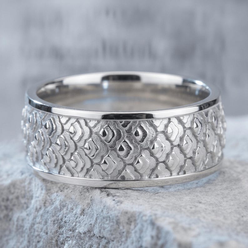 Gold Men Wedding Ring Japanese Art Inspired Wave Pattern Unique Engagement Band Traditional Craftsmanship Timeless Elegance Limited Edition Polished Silver