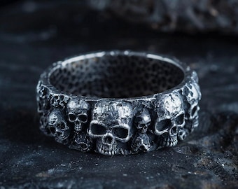 Silver Men Wedding Ring Band with Skulls 925 Sterling Silver Intricate Design Handmade Artisan Crafted Unique Statement Jewelry Gothic Gift