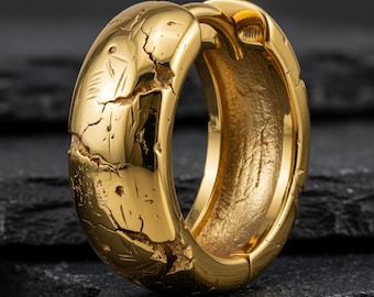 Brutalist Cracked Hoop Earring, 925 Sterling Silver Gold Vermeil Handcrafted Men's Textured Huggie