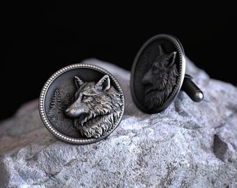 Majestic Wolf Head Design 925 Sterling Silver Cufflinks, Intricately Detailed Forest Scene, Handmade Luxury Silver Cufflinks for Men
