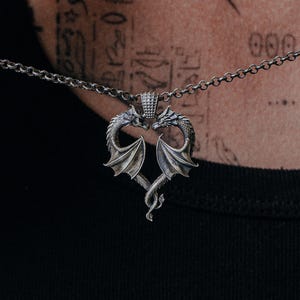 Dragon Heart Love Pendant Necklace - 925 Sterling Silver Twin Dragons Romance Jewelry, Fantasy Couples Gift