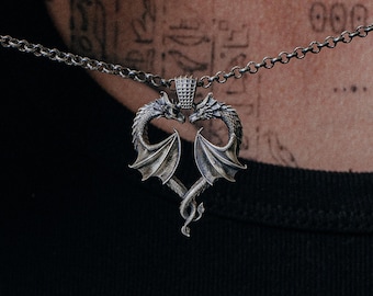 Dragon Heart Love Pendant Necklace - 925 Sterling Silver Twin Dragons Romance Jewelry, Fantasy Couples Gift