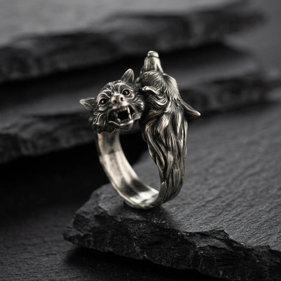 925 Sterling Silver Double Wolf Head Ring - Handcrafted, Unisex