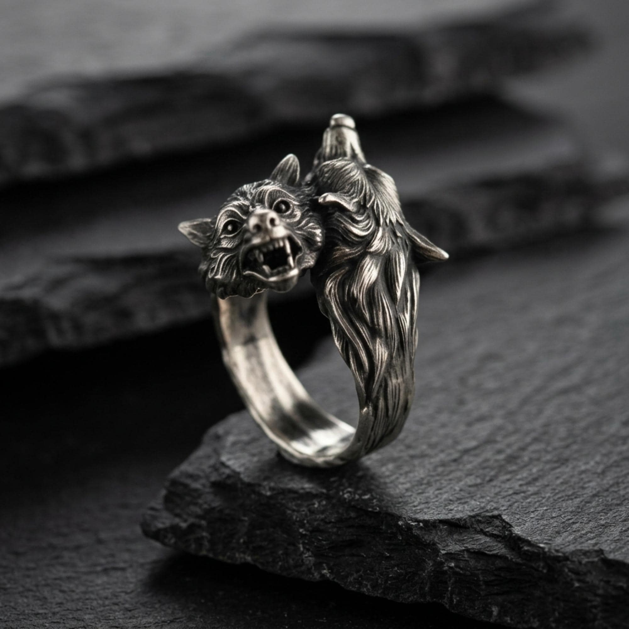 925 Sterling Silver Double Wolf Head Ring - Handcrafted, Unisex