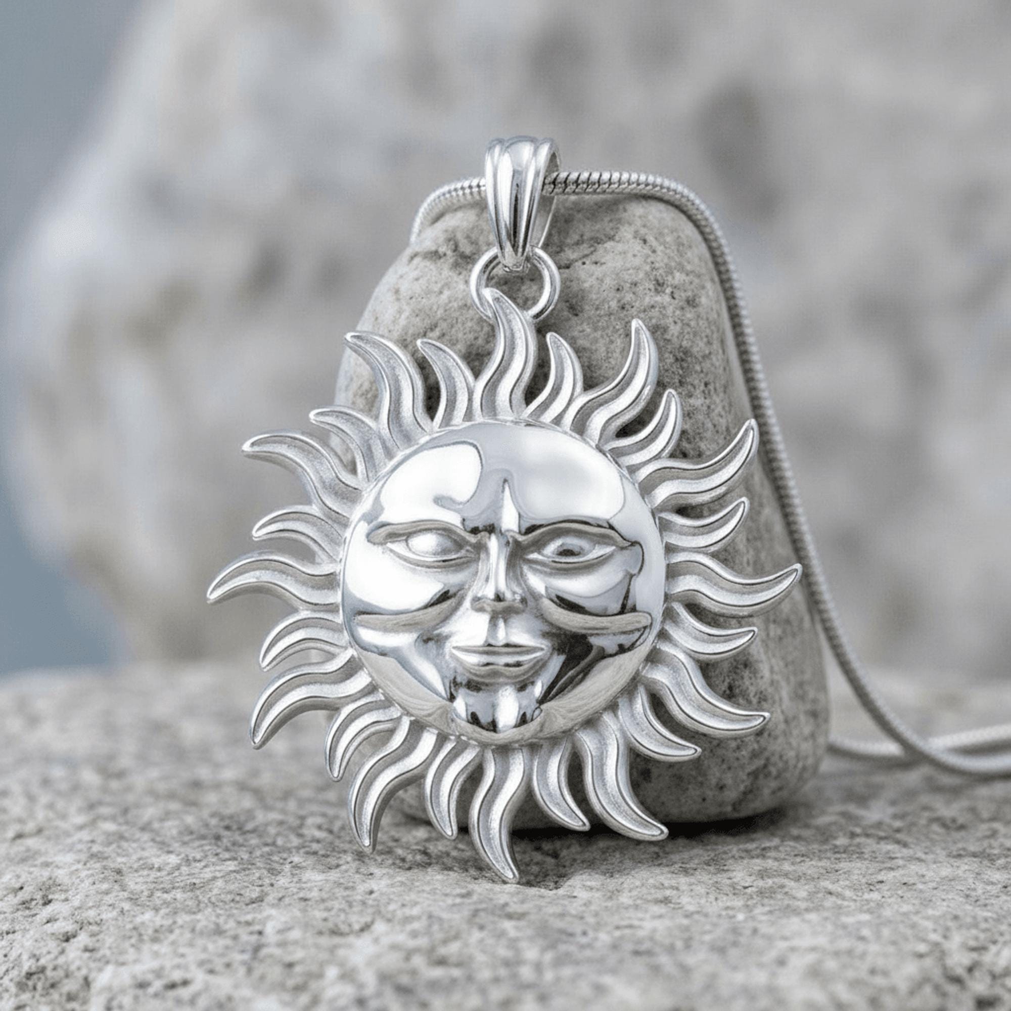 Majestic Sun Face Pendant Necklace in 925 Sterling Silver