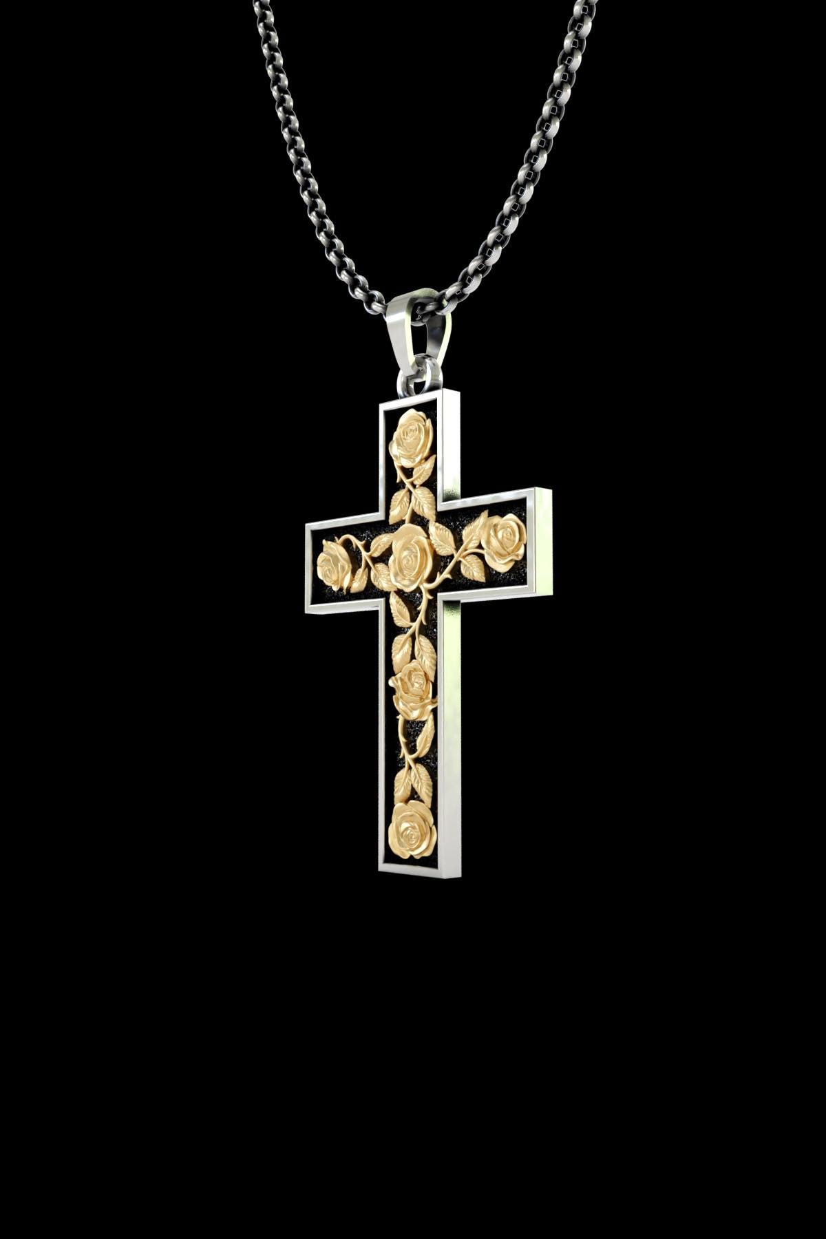 Rose Cross Necklace Sterling Silver 925, Handmade Floral Cross Pendant ...