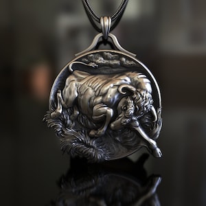 925 Sterling Silver Necklace, Bull Attack Theme, Handmade Animal Inspired Jewelry, Unique Statement Piece, Collectible Bull Accessory