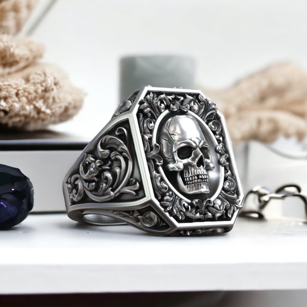 Royal Vintage Skull Rococo Signet - 925 Sterling Silver - Floral Patterned Royal Skull Head - Unique Handcrafted Artisan Jewelry
