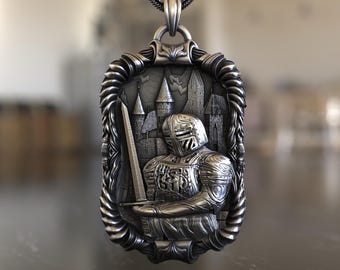 Medieval Knight Armor Castle Necklace 925 Sterling Silver Detailed Pendant for Men Women, Knight Sword Jewelry, Historical Warrior Gift