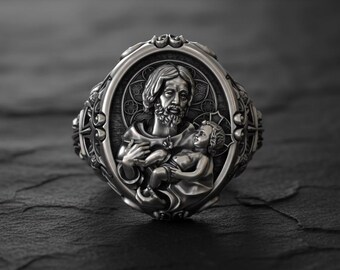 St Joseph Baby Jesus Ring, Sterling Silver Catholic Ring, Guardian Angel Cross Ring, 925 Silver Religious Jewelry, Christian Gift