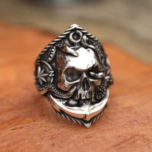 Sunken Skull Pirate Anchor Themed 925 Sterling Silver Ring, Handcrafted Nautical Jewelry, Perfect Gift for Sea Lovers and Pirate Enthusiasts