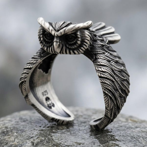 Owl Silver Ring 925 Sterling Silver Nature-Inspired Jewelry Intricate Owl Design Adjustable Ring for Wisdom Seekers Unique Gift