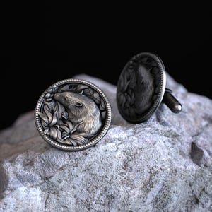 Floral Beaver Design Sterling Silver Cufflinks, Handcrafted Wildlife Jewelry, 925 Silver Animal Lover Gift for Men Nature Inspired Cufflinks