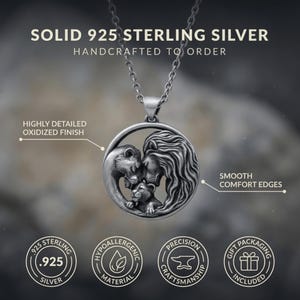 Löwenfamilien-Anhänger-Halskette, Sterlingsilber, Tieranhänger, Mutter-Vater-Junges-Schmuck, handgefertigtes 925er-Silber-Wildtiergeschenk, poliertes Familienband Bild 3