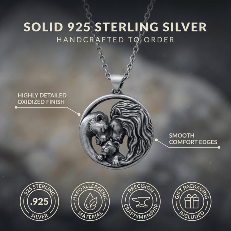 Löwenfamilien-Anhänger-Halskette, Sterlingsilber, Tieranhänger, Mutter-Vater-Junges-Schmuck, handgefertigtes 925er-Silber-Wildtiergeschenk, poliertes Familienband Bild 3