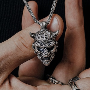 Japanese Oni Mask Pendant Necklace - 925 Sterling Silver Demon Samurai Jewelry, Handmade Warrior Amulet