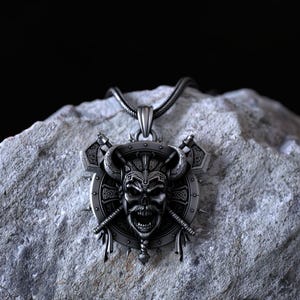 Fierce Viking Warrior Skull Necklace with Dual Axes and Horned Helm, Norse Mythology Inspired Pendant, 925 Sterling Silver Gothic Jewelry