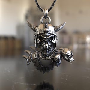 Viking Warrior Skull Necklace 925 Sterling Silver, Men’s Gothic Armor Pendant with Horned Helmet, Unique Norse Inspired Statement Jewelry