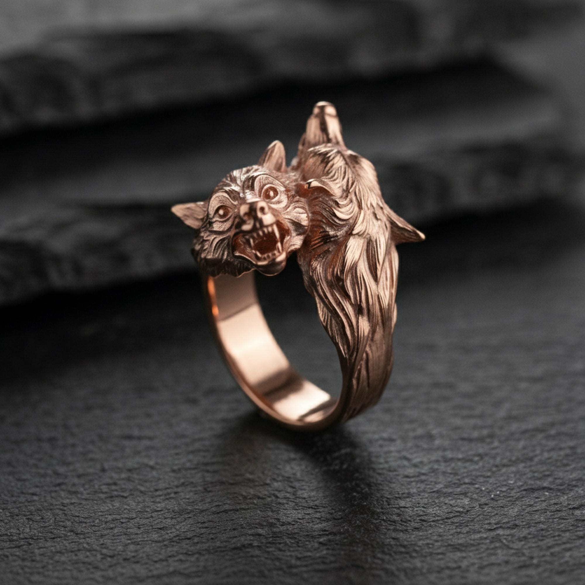 925 Sterling Silver Double Wolf Head Ring - Handcrafted, Unisex 