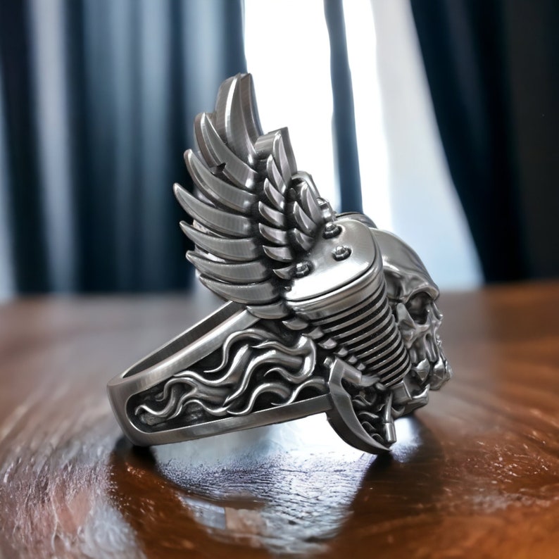 Skull Engine Moto Fire Ring 925 Sterling Silver Harley Inspired Auto Wings Design Ride in Style Statement Biker Jewelry Limited Edition image 2