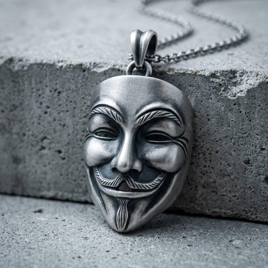 Guy Fawkes Pendant 925 Sterling Silver Oxidized Finish Anonymous