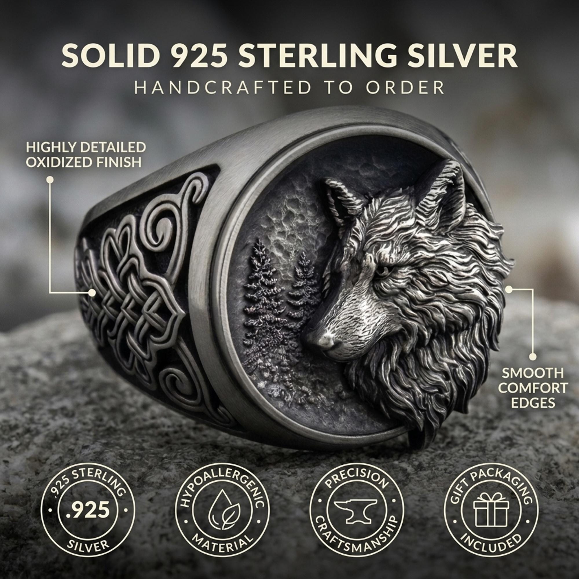 925 Sterling Silver Wolf and Moon Ring, Handcrafted Nature