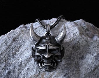 Japanese Oni Mask Pendant Necklace, 925 Sterling Silver, Traditional Samurai Demon Mask, Bold Warrior Design, Men&#39;s Gothic Statement Jewelry