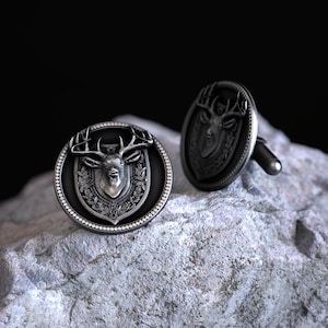 Majestic Stag Deer Shield Design 925 Sterling Silver Cufflinks Men&#39;s Unique Animal Theme Jewelry Gift for Him Engraved Antler Cuff Links