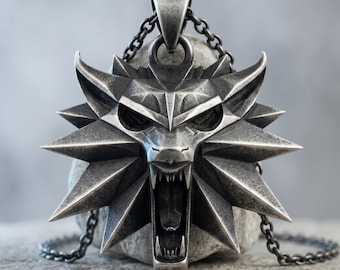 Wolf School Medallion 925 Sterling Silver Necklace Witcher Pendant Fantasy RPG Gaming Jewelry Gift Men
