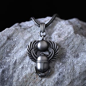 Ancient Egyptian Scarab Beetle Necklace 925 Sterling Silver Amulet Pendant with Winged Sun Disk Protection Symbol for Men and Women Jewelry