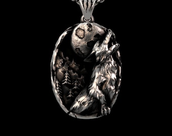 Howling Wolf Necklace 925 Sterling Silver | Wolf Moon Pendant | Wildlife Jewelry | Nature Lover Gift | Handmade Silver Animal Amulet