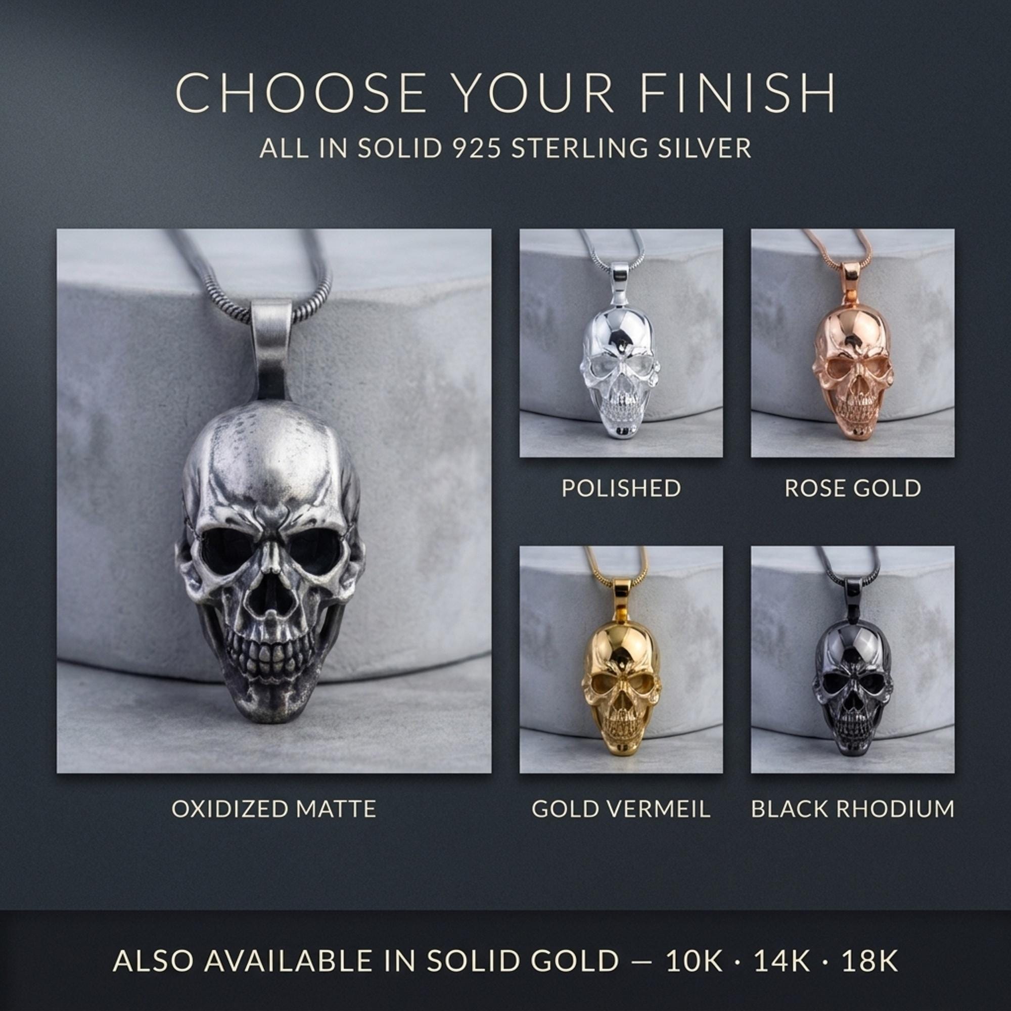 925 Sterling Silver Skull Pendant Necklace, Gothic Biker Style