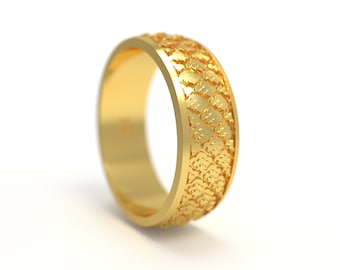 Kanagawa Wave Point Men Wedding 14k Solid Silver Band, Japanese